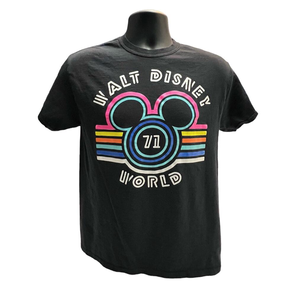 Retro Walt Disney World T-Shirt 71 Neon Logo Mickey Mouse Black Tee Men’s Medium